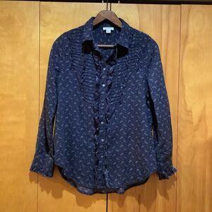 Sundance Button Down Navy Floral Shirt-Ruffle Accents-Sz S-Cottagcore-Western‎